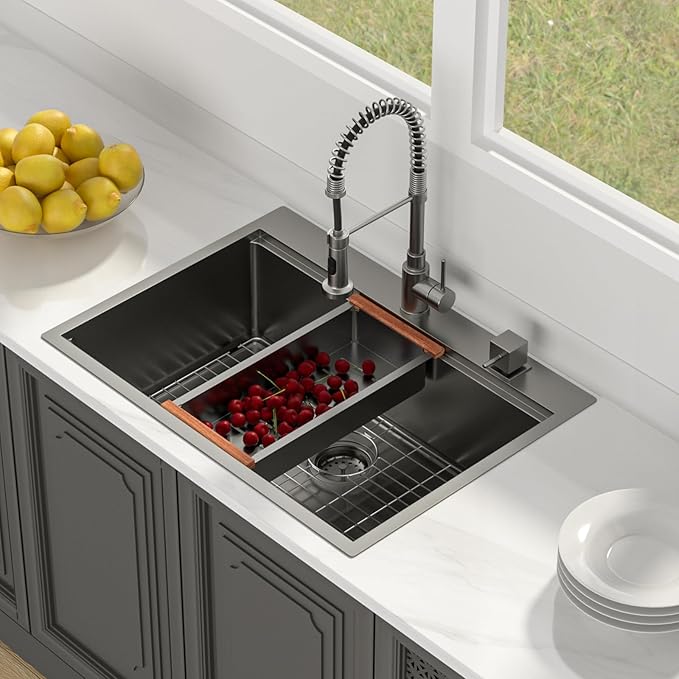 Lordear 30 Black Kitchen Sink Drop In 30 x 22 Topmount Kitchen Sinks Workstation 16 Gauge Stainless Steel Gunmetal Black Single Bowl Topmount Handmade Sink Basin with Drain Strainer