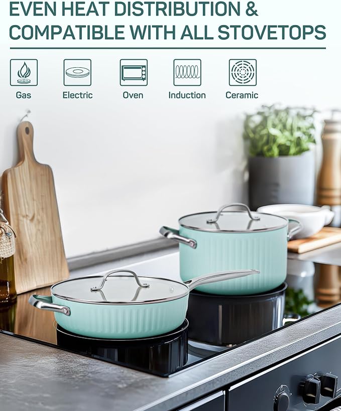 10Pcs Nonstick Cookware Set, Ciwete Tri-Ply Ceramics Cookware Set, Kitchen Pots and Pans with Stay Cool Ergonomic Handle, Dishwasher Safe, Oven Safe, Gift, Compatible with All Stovetop, Green