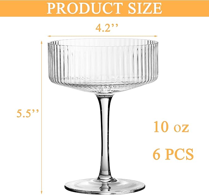 6 Pcs Ribbed Coupe Cocktail Glasses, 10 oz Classic Old Styling Martini Glass Set with Gift Box Packaging Elegant Hand Blown Manhattan Goblet for Cocktail, Champagne, Bar and Gift (6)