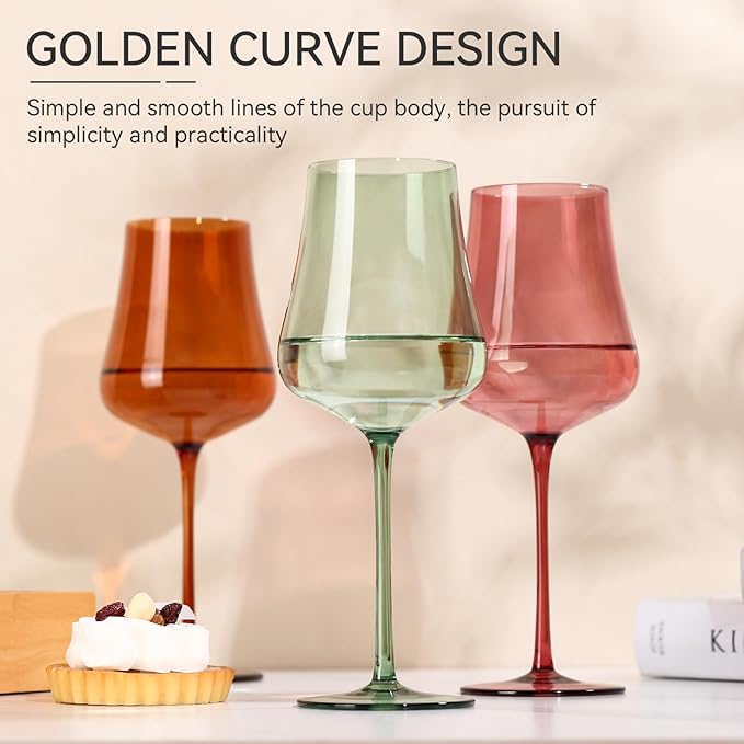 Colored Wine Glasses Set of 6-18oz Hand Blown Colorful Wine glasses - Unique Gift for Birthday,Wedding, housewarming