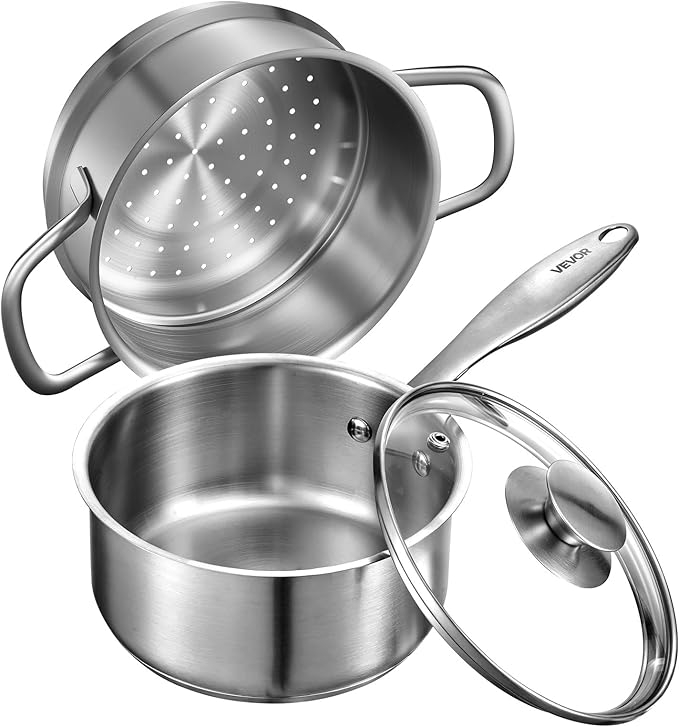 VEVOR 1.5 QT Saucepan with Steamer, Stainless Steel Saucepan with Glass Lid, Multipurpose Nonstick Stainless Steel Sauce Pot with Ergonomic Handle, Friendly for Oven, Dishwasher, Induction Cooker