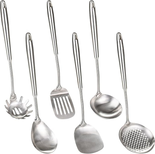 FJNATINH 6-Pieces 304 Stainless Steel Wok Spatula Set,Cooking Utensil Set,Soup Ladle Colander,Nonstick Kitchen Cooking Utensils Set with Spatula,Kitchenware Tools