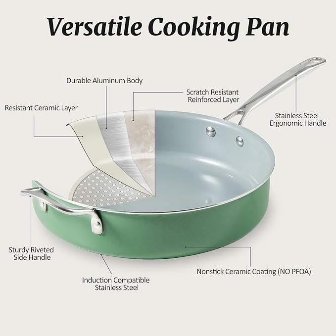Nonstick Sauté Pan with Lid 5 QT Deep Frying Pan with Stainless Steel Helper Handle 12 inch Large Skillet Ceramic Jumbo Cooker for Healthy Cooking, Induction Compatible Cookware, PFOA Free