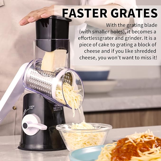 Rotary Cheese Grater, 3 in 1 Cheese Shredder Grater Rotary with Handle, Vegetable Mandoline Slicer Shredder for Vegetable, Cheese, Nut