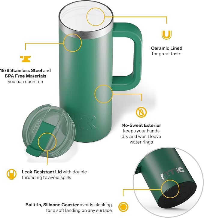RTIC 20oz Road Trip Travel Mug with Lid and Handle, Ceramic Lined, Insulated, Stainless Steel, Metal, Double Wall Vacuum-Insulation, Portable Coffee, Tea Cup for Hot and Cold Drink, Pine Tree