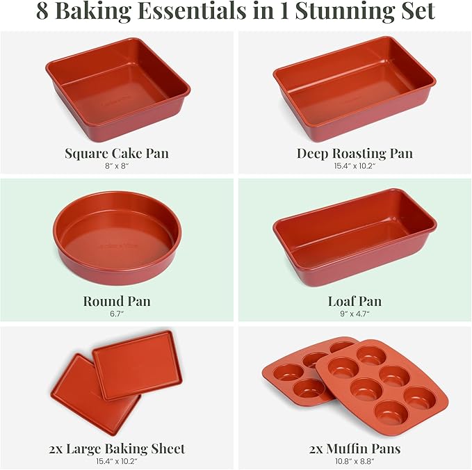 Larder & Vine 8-Piece Bakeware Set | Non-Stick Baking Set with Ceramic Finish | PFAS, PFOA, PTFE, and BPA Free Baking Essentials | Baking Sheets, Muffin Tins and Assorted Baking Pans | Cabernet