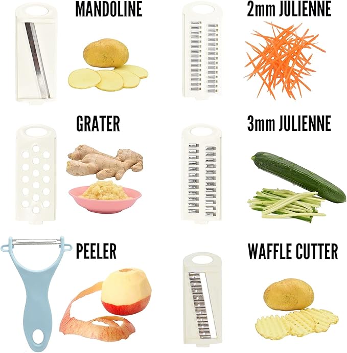 5 in 1 Mandoline Slicer for Kitchen, Vegetable Slicer Multi Blade Potato Chip, Veggie shredder, Vegetable Cutter, Julienne Shredder and peeler For Small Job In Kitchen Blue