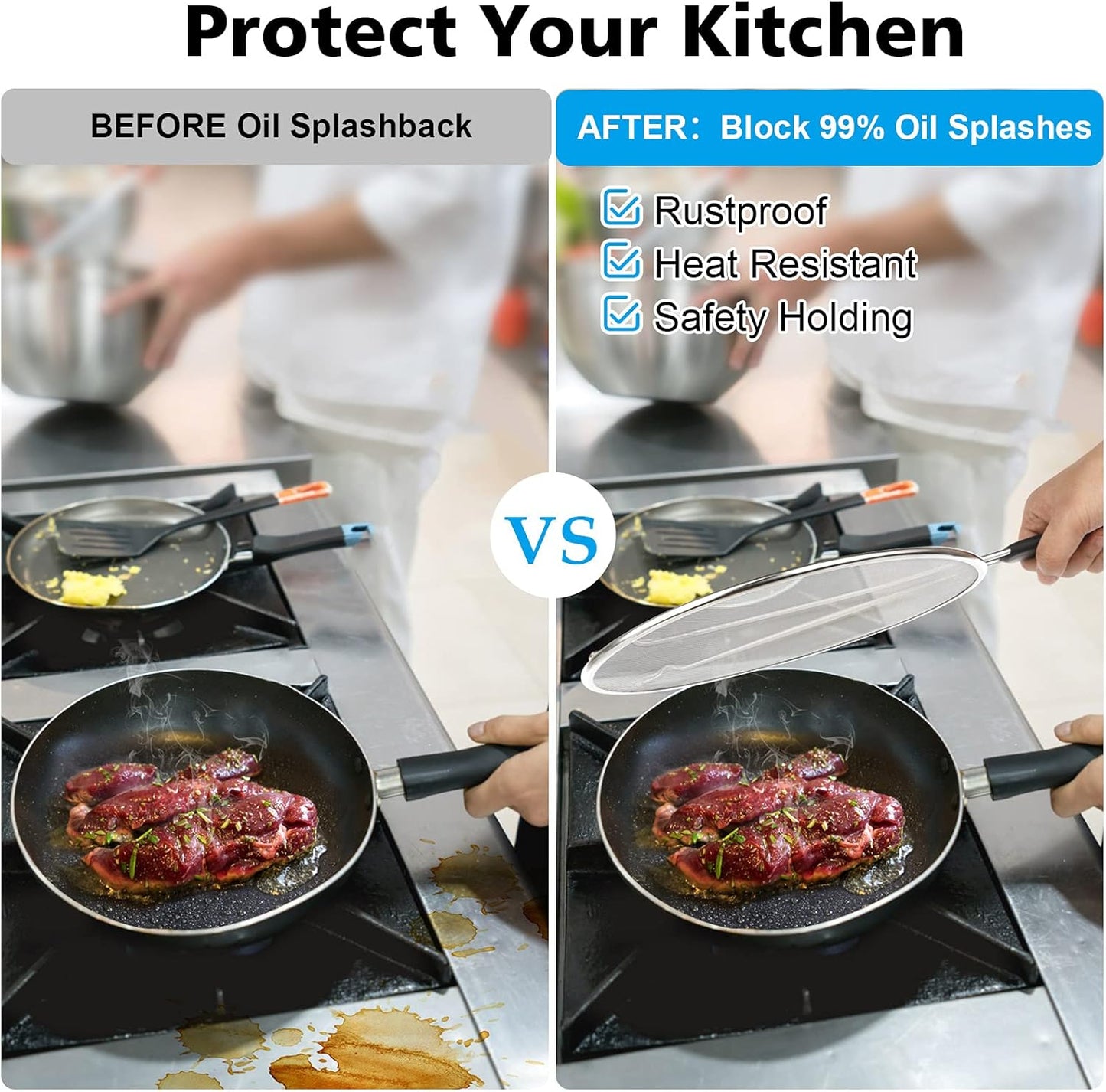 Splatter Screen for Frying Pan - 9.8" 11.4" 13" Stainless Steel Fine Mesh Grease Splatter Guard with Silicone Handle, Hot Oil Splash Guard for Cooking to Prevent Oil Splatter, Safe Cooking