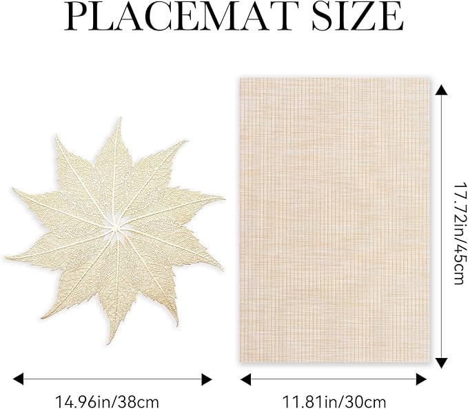 BACKTOEDEN Placemats Set of 6 Heat Resistant Washable Wipeable Placemat Woven Non-Slip Foldable Vinyl/Plastic Place Mats Indoor/Outdoor Mat Kitchen Dining Table Pad, Gold Maple Leaf & Beige
