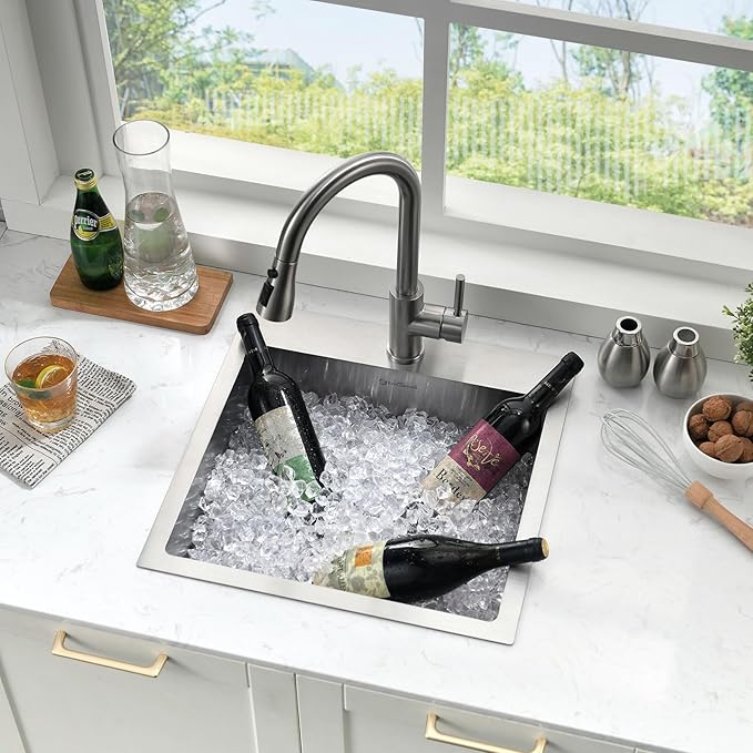 Drop In Kitchen Sink, 18 x 18 x 10 Inch 16 Gauge Single Bowl Topmount Wet Bar Sink T-304 Stainless Steel Kitchen Sinks