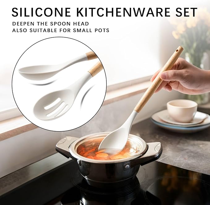 Silicone Cooking Utensils Set with Wooden Handles, 4-Piece Spatula Set and Spoon Rest — Heat Resistant, Non-Stick Kitchen Utensils, Silicone Spoons for Cooking, Multi-Purpose Spatula Spoon