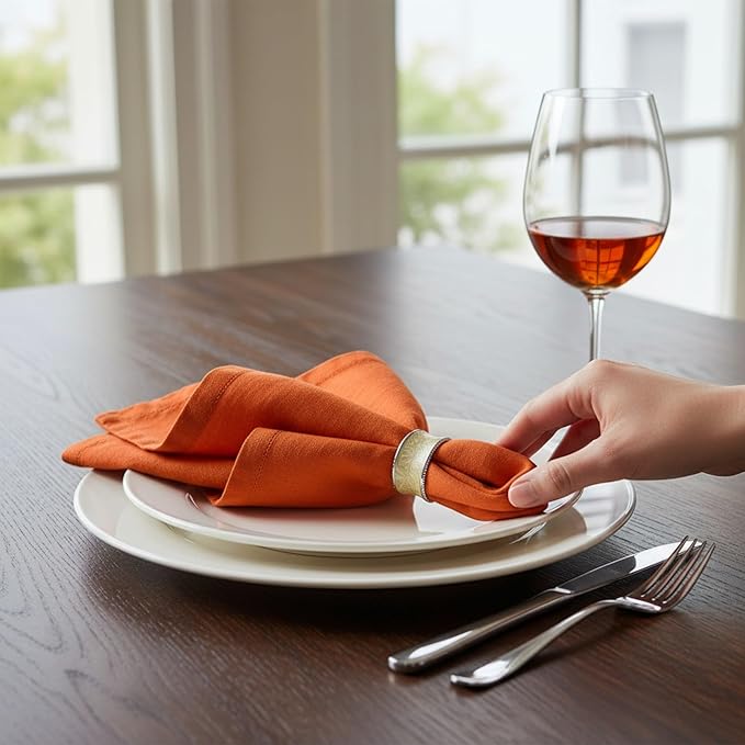 Hemstitched Linen Napkins – 20 Inch x 20 Inch – Stonewashed Pure Linen Cloth Dinner Napkins with Mitered Corners - 100% French Flax – Machine Washable - Set of 4 (Sunset Orange)