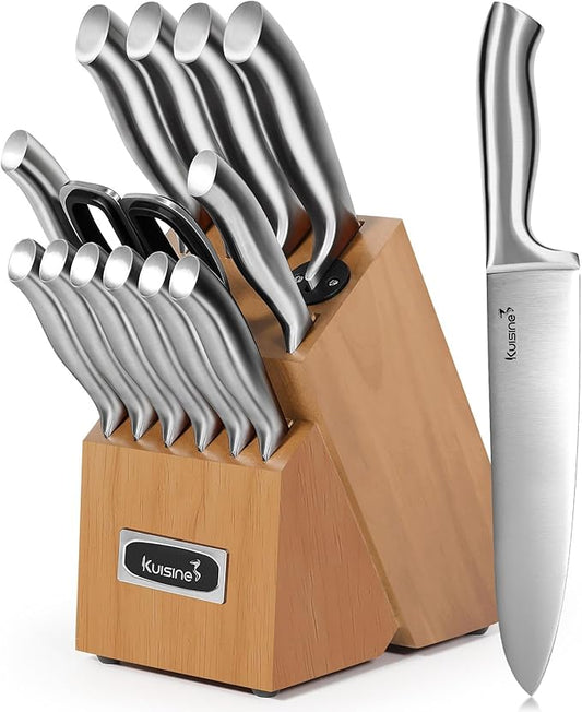 Kuisine Premium Sharp Knife Set,High Carbon Stainless Steel Sharper Blade Ergonomic Non-slip Handle,Kitchen Block Knife Set Chef Knife Block Set with Built-in Sharpener(Acacia, 15PCS)