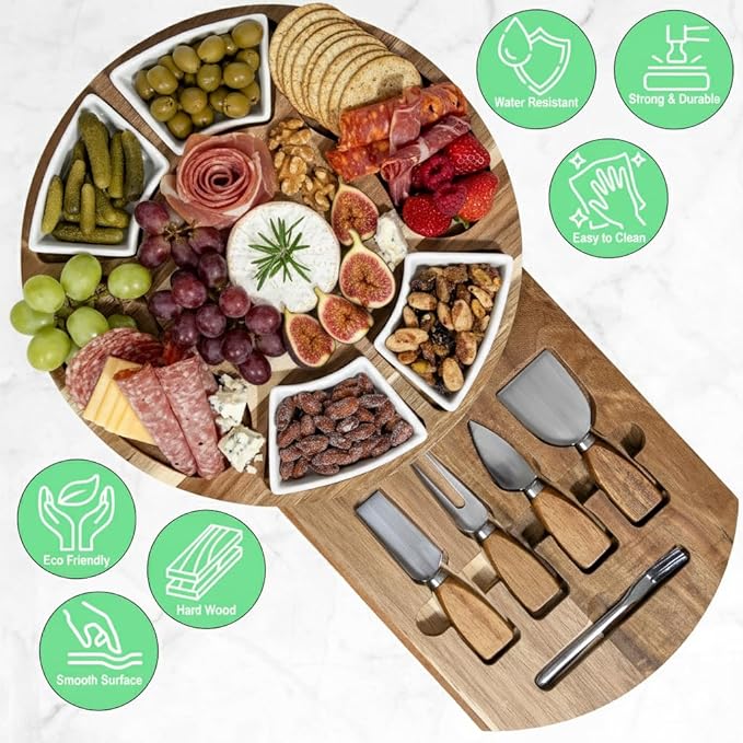 Acacia Cheese Board and Knife Set with Ceramic Bowls, Charcuterie Platter for Entertaining, Wedding & Christmas Gifts, Housewarming and Birthday Gift for Couples