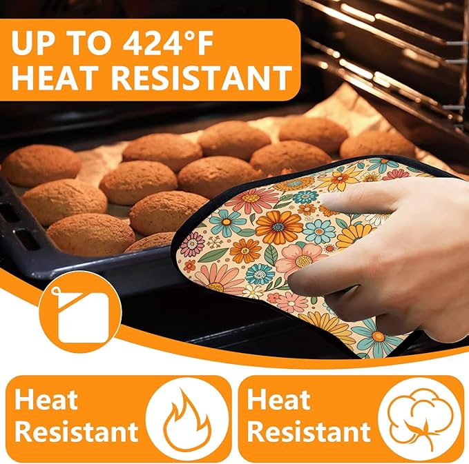 Boho Floral Oven Mitts and Pot Holders Sets 4Pcs,Extra Long Oven Gloves Potholder for Kitchen Cooking Baking BBQ 100% Cotton Heat Resistant