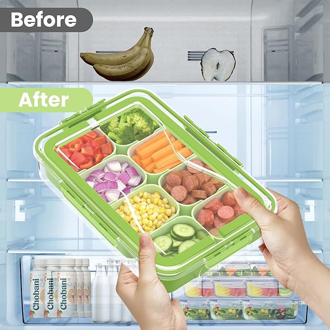 2 Pack Divided Serving Tray with Lid and Handle-Snackle Box Large Charcuterie Container for Portable Fridge Snack Platters-Reusable 8 Compartment Clear Storage Organizer(Green)