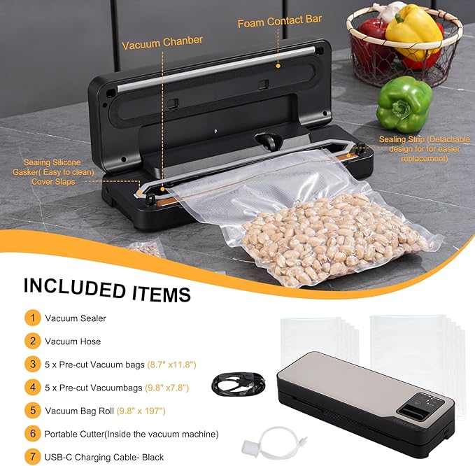 Cordless Food Vacuum Sealer Machine, 75Kpa Strong Suction, Rechargeable Dry & Moist Food Modes Food Sealer, Compact, Stainless Steel, Built-in Cutter for Home Kitchen Camping Fishing Picnic