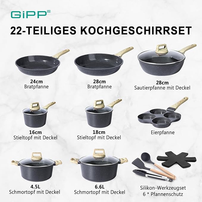 GIPP 22 Piece Ceramic Nonstick Pots and Pans Set- Cookware Non Stick Set, Non-toxic Healthy Kitchen Cooking Set w/Frying Pans Set, Dishwasher Safe, PFAS PTFE PFOA PFOS Free