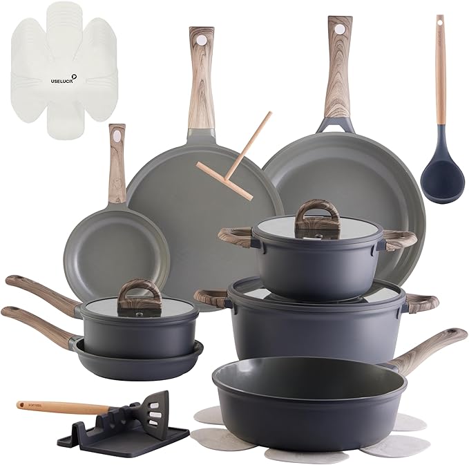 22Pcs Pots and Pans Set Non Stick Non-Toxic Ceramic Cookware Sets Nonstick Kitchen Pot and Pan Set With Lid Gray Granite Induction Compatible with Glass Lids 10" Griddles Frying Pan PFOA/PFOS-Free