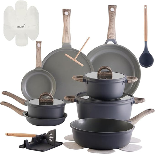 22Pcs Pots and Pans Set Non Stick Non-Toxic Ceramic Cookware Sets Nonstick Kitchen Pot and Pan Set With Lid Gray Granite Induction Compatible with Glass Lids 10" Griddles Frying Pan PFOA/PFOS-Free