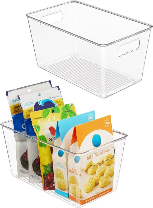 Vtopmart Clear Plastic Pantry Organizer Bins, 2 PCS Food Storage Bins with Handle for Refrigerator, Fridge, Cabinet, Kitchen, Countertops, Cupboard, Freezer Organization and Storage, BPA Free, Medium