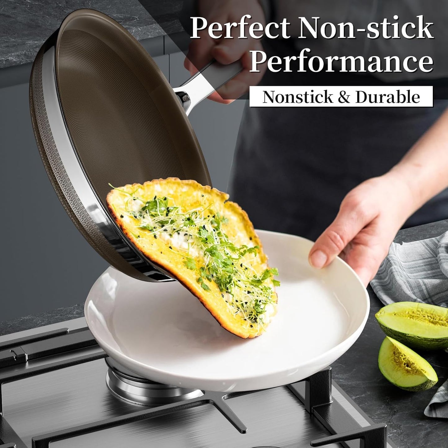 Stainless Steel Frying Pan Set with Lids,8inch 9.5inch 11inch Nonstick Ceramic Frying Pan Set of 3, Non Toxic Healthy Ceramics Omelet Pans,Chef's Pans,Skillets Kitchen Cooking Pan PFOA Free
