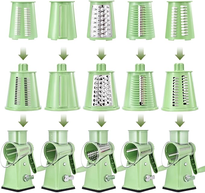 Xilrvna RotaryCheeseGrater,VegetableShredder 5 in 1 Cheese GraterwithHandleedderReinforcedSuction,EasytoClean,KitchenChopperforCrushedIce,Fruits and Nuts with Blade StorageCase（light green）