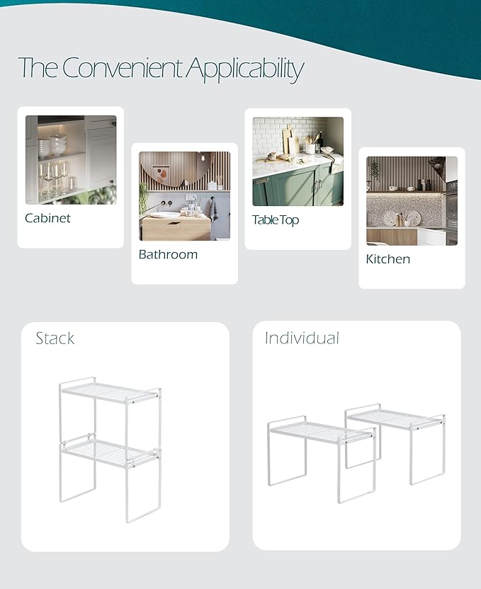 2pk Kitchen Cabinet Shelf Counter Organizer Rack Pantry Storage Bathroom Bedroom Office Table Desk Space Saving Steel Frame Stackable Rust Resistant Non Slip White-Tall- L13in W8.3in H9.5in