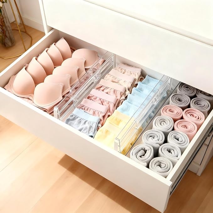 4 Pack Drawer Dividers for Clothes, 4" High 10"-17" Drawer Dividers Adjustable Expandable Dresser Drawer Organizers, Clear Dresser Separators for Clothes, Underwear, Baby Clothes, Cosmetic, Toiletries
