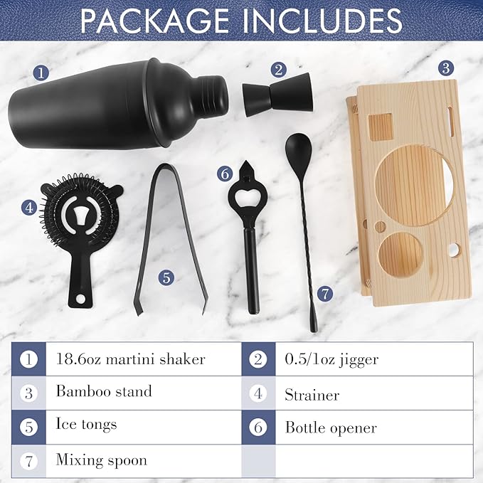 Cocktail Shaker Set Stainless Steel Bartending Kit 18.6oz Cocktail Bar Set Cocktail Mix Drink Making Kit Professional Bar and Home Drink Bar Tools for Bartender (Matte Black, 7Pcs)