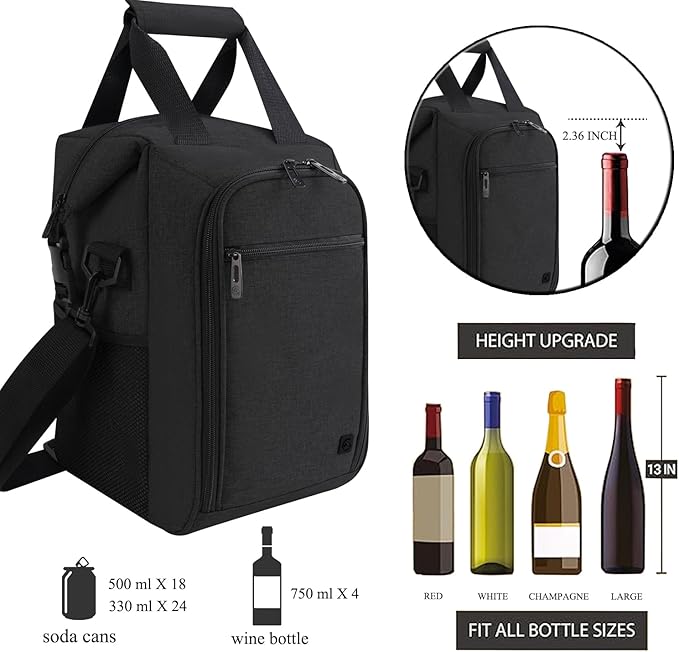 ALLCAMP 4 Bottle Wine Gift Bag - Insulated Tote Cooler, Adjustable Strap, Includes 4 Wine Glasses, Napkins & Corkscrew, Portable Travel Gifting (Black)