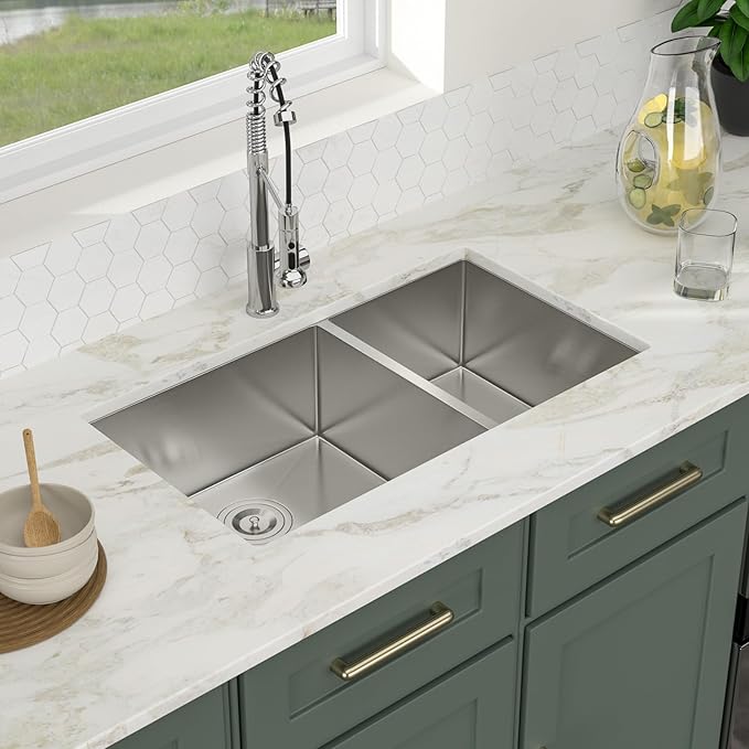 Logmey 33 Double Undermount Kitchen Sink - 33x19 Inch Bowl Kitchen Sinks 60/40 16 Gauge Stainless Steel 33x19x9 In