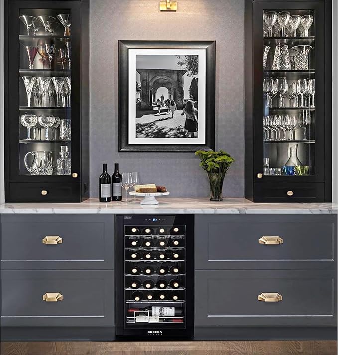 BODEGACOOLER 28 Bottle Compressor Wine Cooler for Home and Kitchen, Freestanding Mini Fridge with Digital Touchscreen, LED Display,Split Storage for Red & White Wines,Matte Black Refrigerator Home Bar