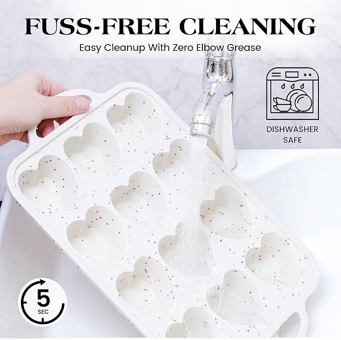 1 Pc Heart Shaped Muffin Pan with Metal Reinforced Frame 12 Cup Nonstick Silicone Heart Cake Mold for Baking 2.5 Inch Cupcake Tray (Cream)