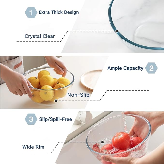 3pc Glass Mixing Bowls Sets (1.64QT, 1.16QT, 0.85QT), Nesting Mixing Bowls for Cooking Prep, Baking, Storage, Large Salad Bowls Sets-Dishwasher Microwave Freezer Safe