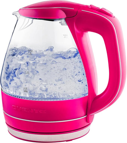 OVENTE Electric Kettle, 1.5L Borosilicate Glass Countertop Water Heater and Boiler for Coffee or Tea, BPA-Free, Auto Shut-Off, Boil-Dry Protection, Removable and Washable Spout Filter, Pink KG83F