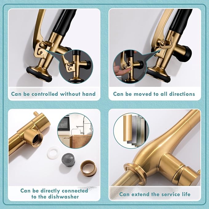 GIMILI Brushed Gold Kitchen Faucet with Pull Down Sprayer Single Handle High Pressure Brass Kitchen Sink Faucet Commercial Double-Headed Kitchen Faucets Sink with Deck Plate