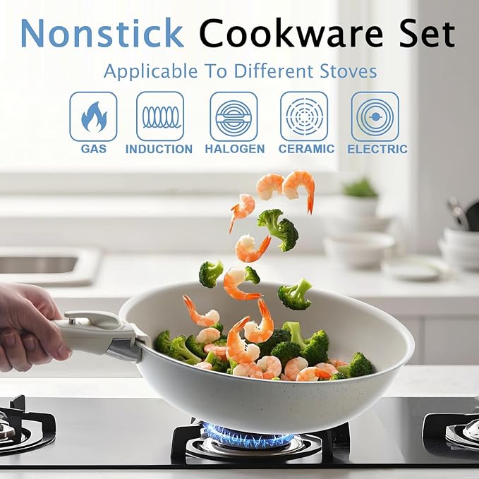 7Pcs Non Stick Pots and Pans Set, Ceramic Cookware Set with Detachable Handle, PFAS-Free, Oven & Induction Safe (White)