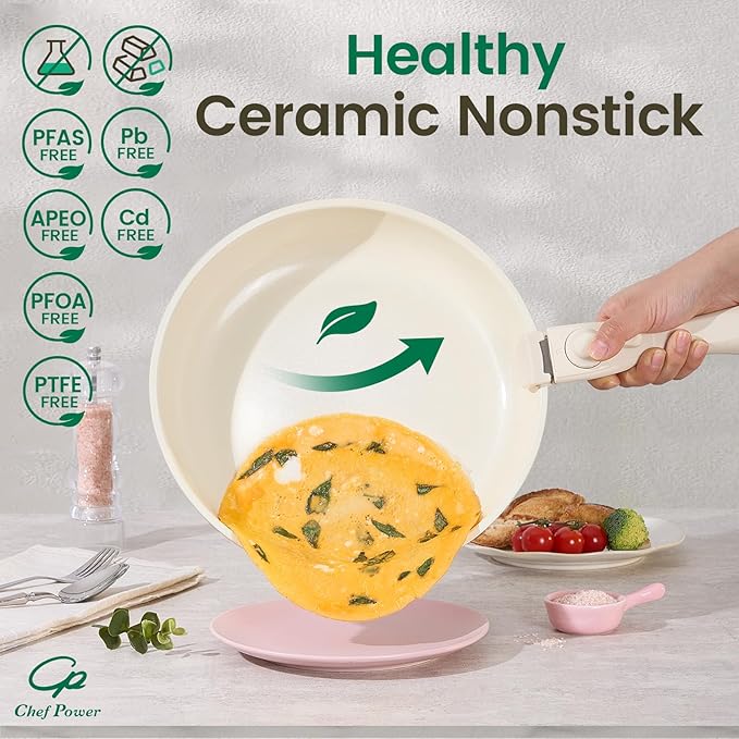 Chef Power Ceramic Nonstick Pots and Pans Set 19 Piece with Detachable Handle, Induction Dishwasher Oven Safe Cookware Set, RV Kitchen Set Removable Handle (Light Pink)