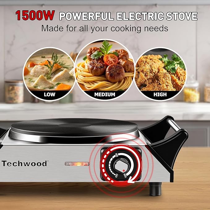 Hot Plate, Techwood Single Burner for Cooking, 1500W Countertop Electric Stove with Adjustable Temperature & Stay Cool Handles, 7.3" Cooktop for RV/Home, Upgraded Version Silver