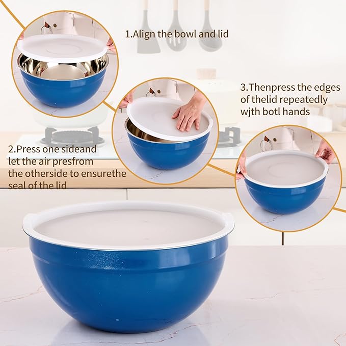 Blue Mixing Bowls with Airtight Lids, Stainless Steel Nesting Mixing Bowls Set of 7, Ideal for Baking, Prepping and Serving Food, Size 7, 3.6, 2.7, 2.1, 1.5, 1.1,0.8 QT, Stackable Design
