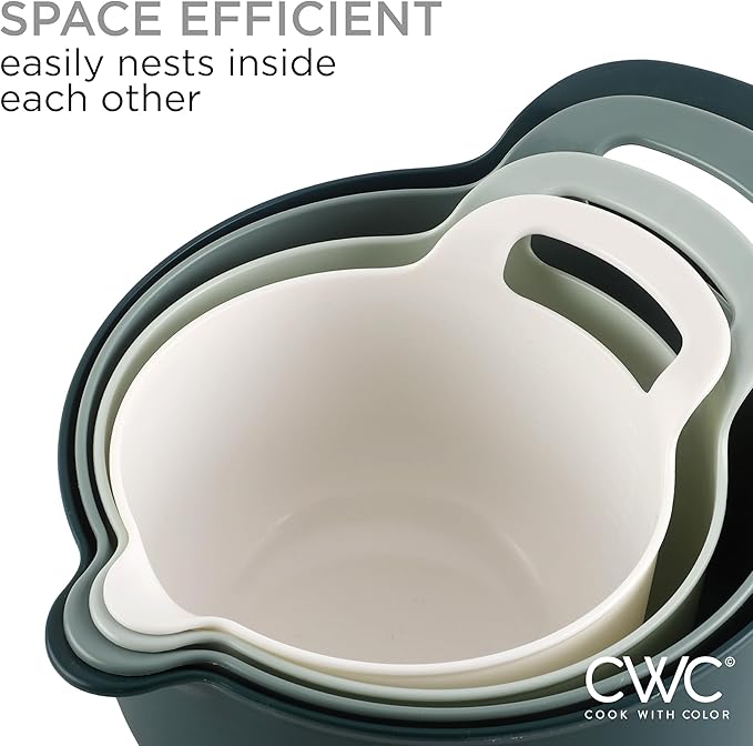 COOK WITH COLOR Nesting Plastic Mixing Bowl Set with Pour Spouts and Handles, Green, 4 Piece Non-Slip