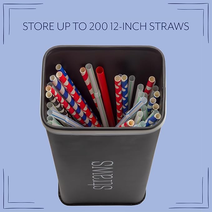 AuldHome Design Farmhouse Enamelware Straw Holder (Black); Retro Metal Straw Storage Canister