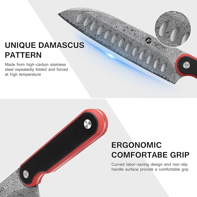 FINTISO Chef Knife 7 Inch Kitchen Knife, Sharp Santoku Knife 67-Layer Damascus Steel with 10Cr15CoMoV Steel Core, Professional Cooking Knife with Ergonomic Full Tang G10 Handle for Chopping Slicing