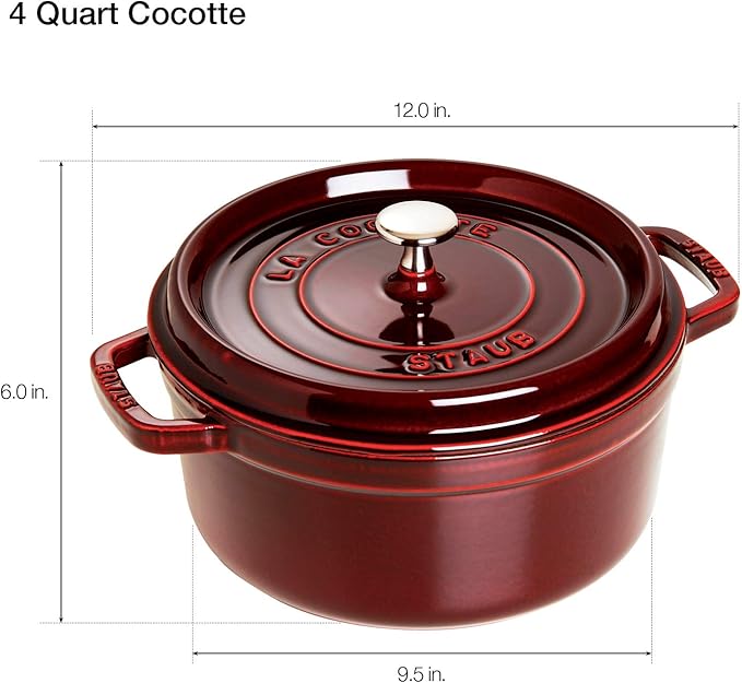 Staub Cast Iron Round Dutch Oven, Made in France, Grenadine, 4-qt, Serves 4-6 people
