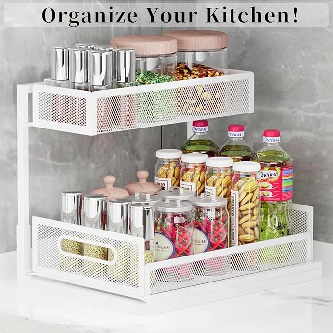 Undersink Organizers 2-Tier Under Cabinet Pull Out Storage with Sliding Out Drawers, Under the Sink Organizer for Bathroom Kitchen Durable Rack Shelf Space-Saving Organization, White 1 Pack