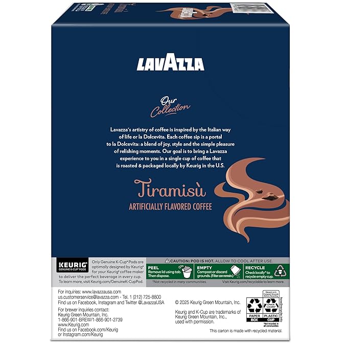 Lavazza Tiramisù Coffee, Single Serve Keurig K-Cup Pods, Flavored Coffee, 88-Count Box (4 Packs of 22)