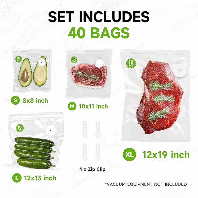 Vacuum Sealer Bags, 40 Reusable Vacuum Sealer Bags for Food, BPA-Free, Meal Prep and Sous Vide Cooking,Works for Handheld Sealer and Vac Sealer Machine with External Vacuum Systems