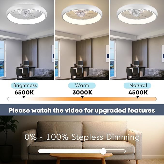20'' Ceiling Fan with Light, Upgraded Low Profile Fan, Flush Mount Ceiling Fan, 6 Speeds, Dimmable LED, App & Remote Control, Quiet DC Motor, For Bedroom, Living Room, F109 White