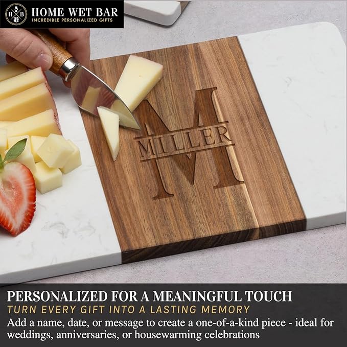 HomeWetBar Personalized Acacia Charcuterie Board | Custom 15" x 7" White Marble & Acacia Wood Cheese Board | Perfect Housewarming + Wedding + Couples Gift Idea